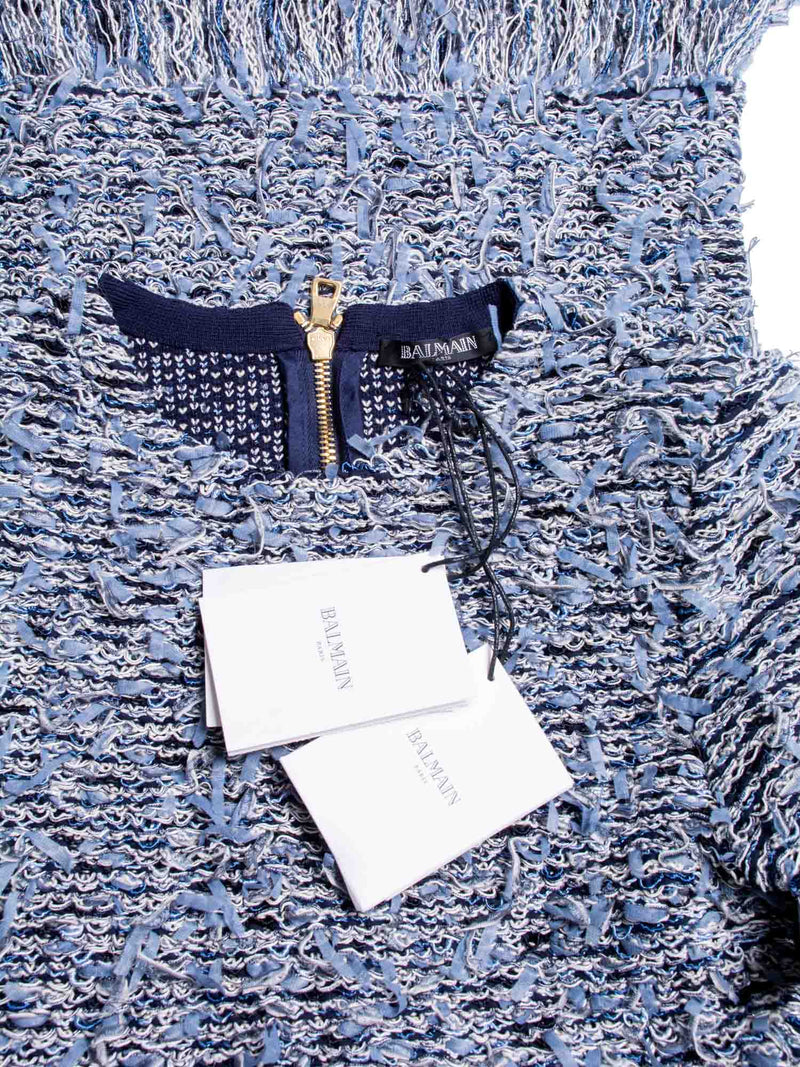Balmain Fringe Tweed Mini Dress Blue-designer resale