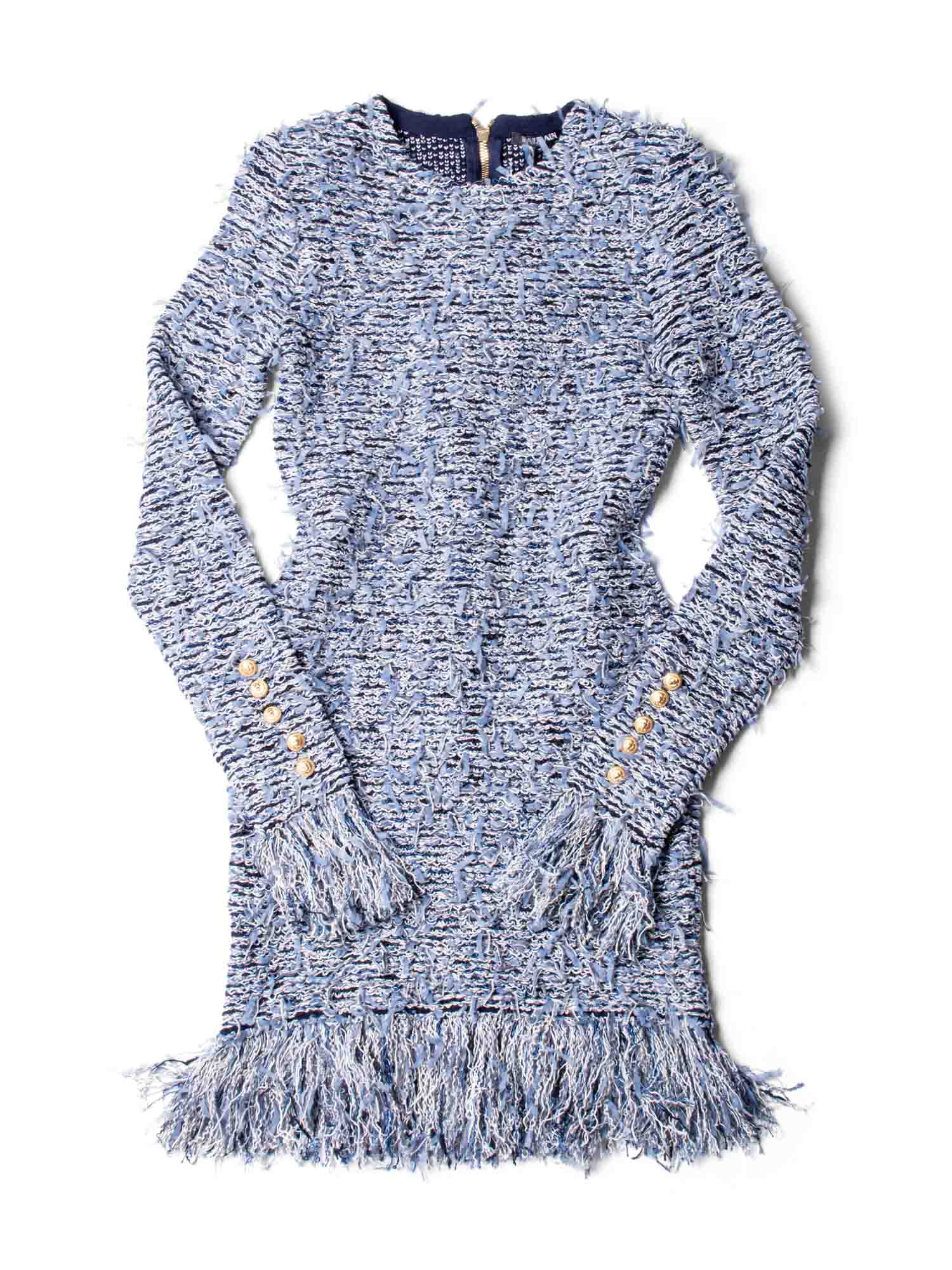 Balmain Fringe Tweed Mini Dress Blue-designer resale