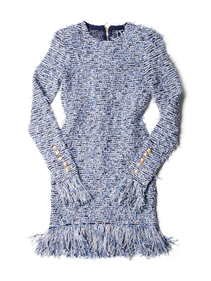 Balmain Fringe Tweed Mini Dress Blue Balmain Fringe Tweed Mini Dress Blue