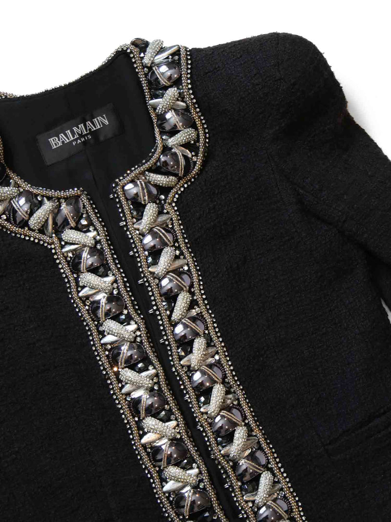 Balmain Tweed Rhinestone Embellished Jacket Black-designer resale