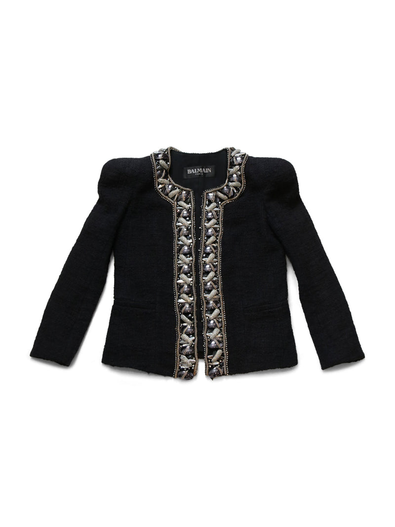 Balmain Tweed Rhinestone Embellished Jacket Black-designer resale