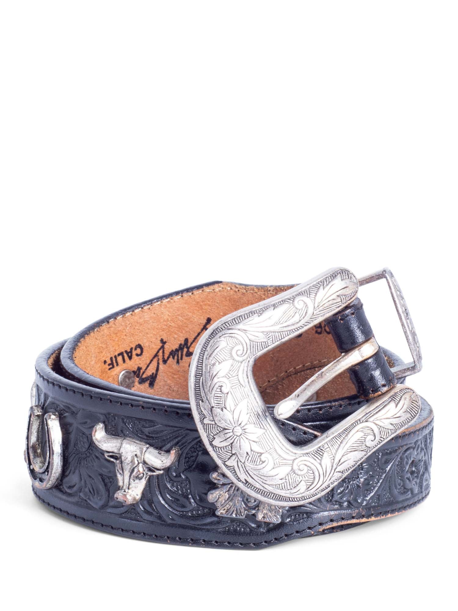 Billy Belts California Vintage Western Leather Belt Black Silver-designer resale