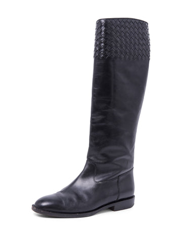 Bottega Veneta Inercciato Leather Riding Boots Black-designer resale