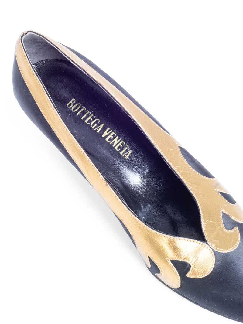 Bottega Veneta Satin Leather Embellished Kitten Heel Black Gold-designer resale