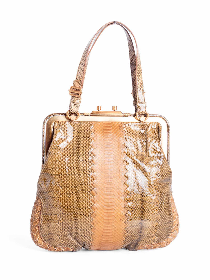 Bottega Veneta Snakeskin Intercciato Leather Top Handle Bag Brown-designer resale