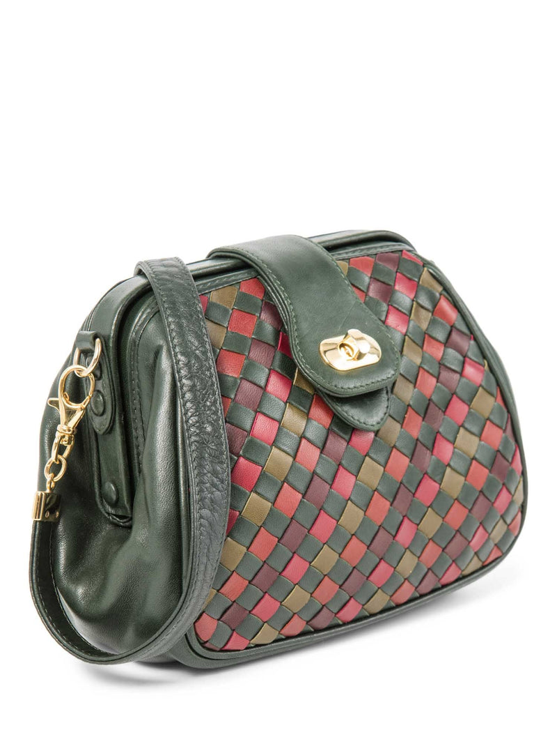 Bottega Veneta Vintage Intercciato Leather Messenger Bag Green Red Gold-designer resale