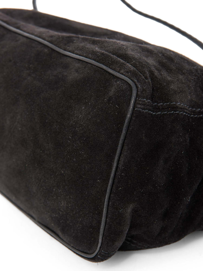 Bottega Veneta Vintage Suede Top Handle Charm Hobo Bag Black Gold-designer resale