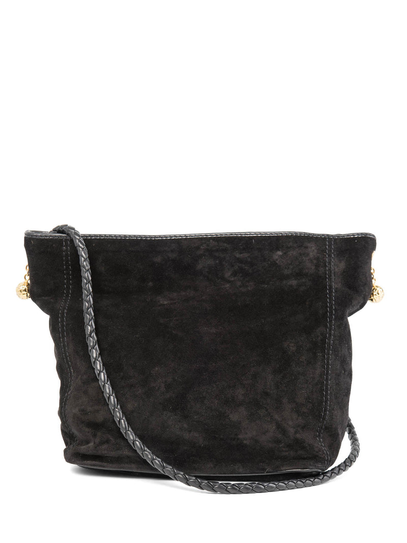 Bottega Veneta Vintage Suede Top Handle Charm Hobo Bag Black Gold-designer resale