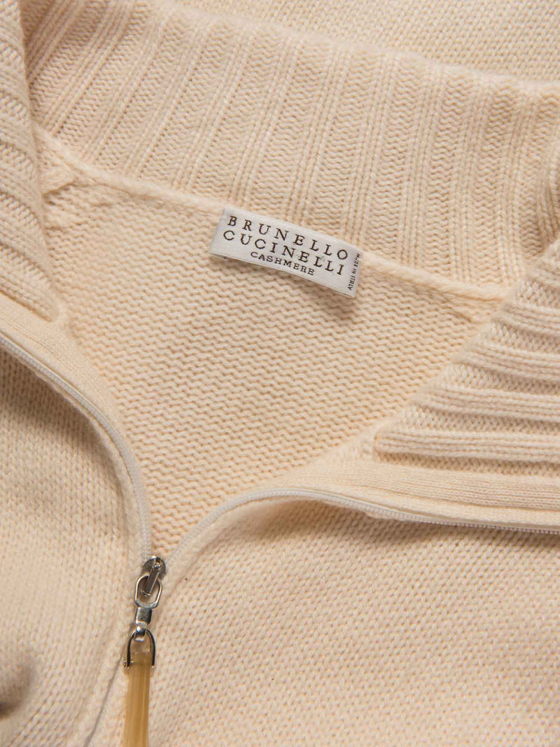 Brunello Cucinelli Cashmere Knit Zippered Cardigan Sweater Ivory-designer resale