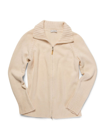 Brunello Cucinelli Cashmere Knit Zippered Cardigan Sweater Ivory-designer resale