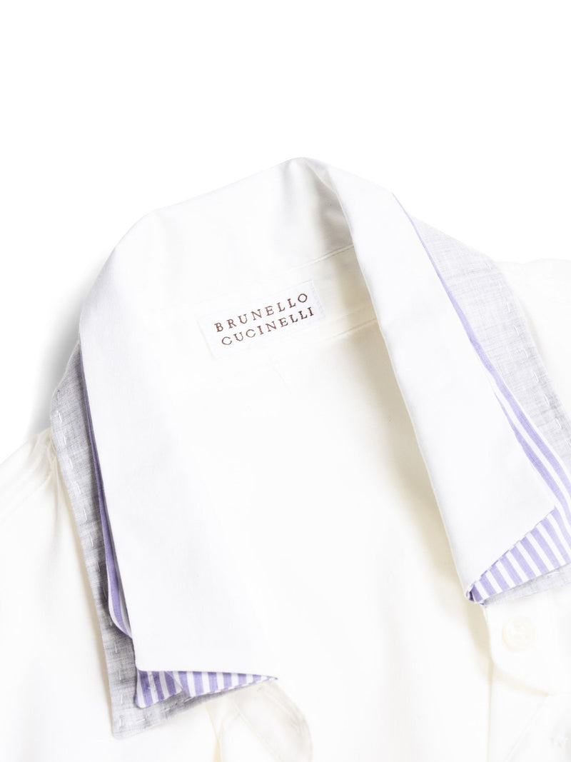 Brunello Cucinelli Fitted Collared Button Up Shirt White Purple-designer resale