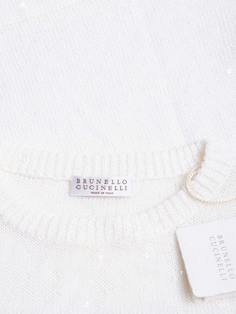 Brunello Cucinelli Handmade Sequined Knit Cropped Sweater White-designer resale