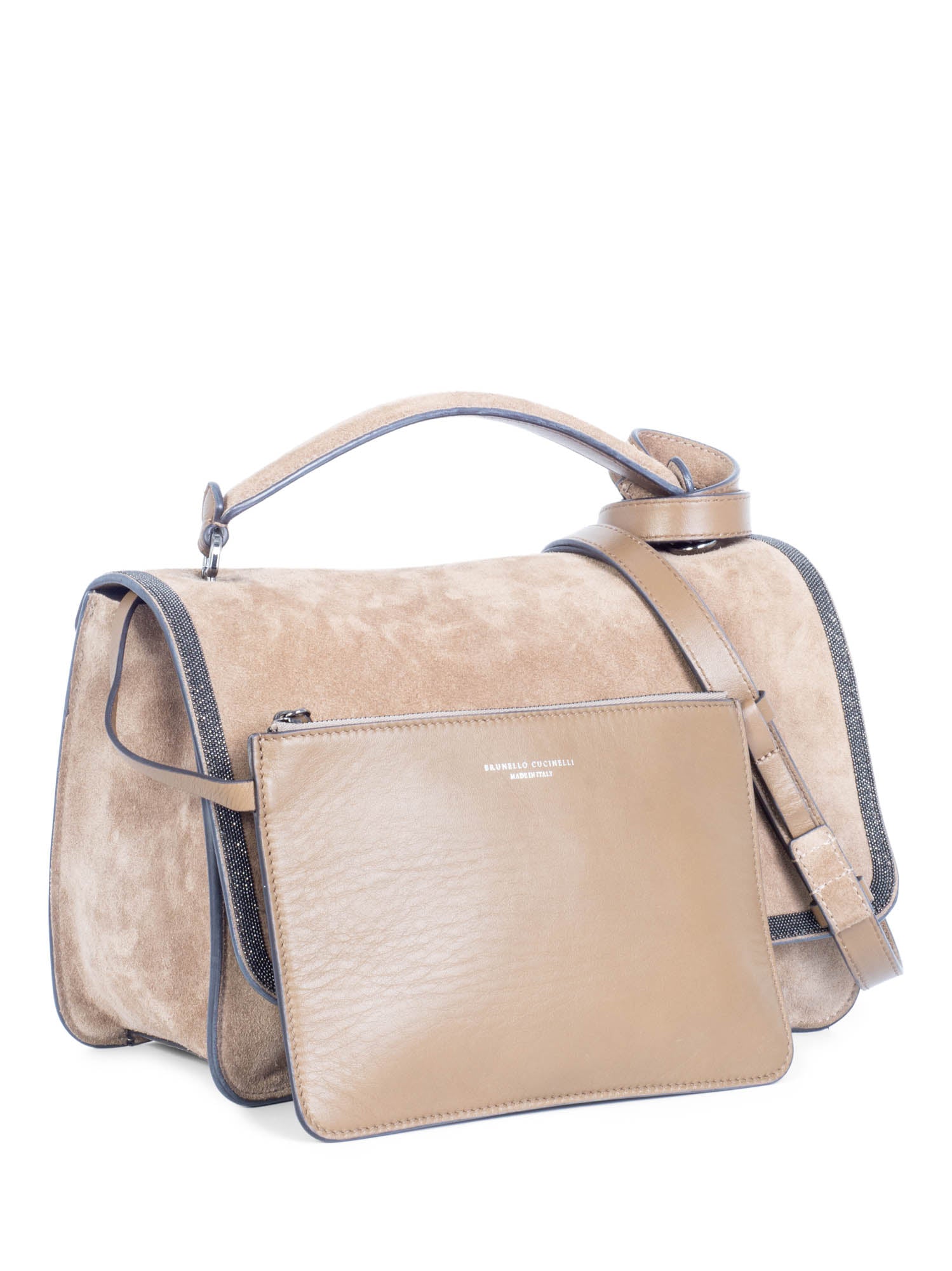 Brunello Cucinelli Logo Leather Suede Monili Top Handle Messanger Bag-designer resale