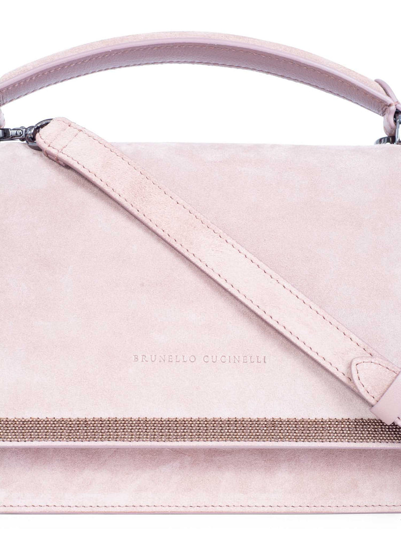 Brunello Cucinelli Logo Leather Suede Monili Top Handle Messenger Bag Blush Blush Pink-designer resale