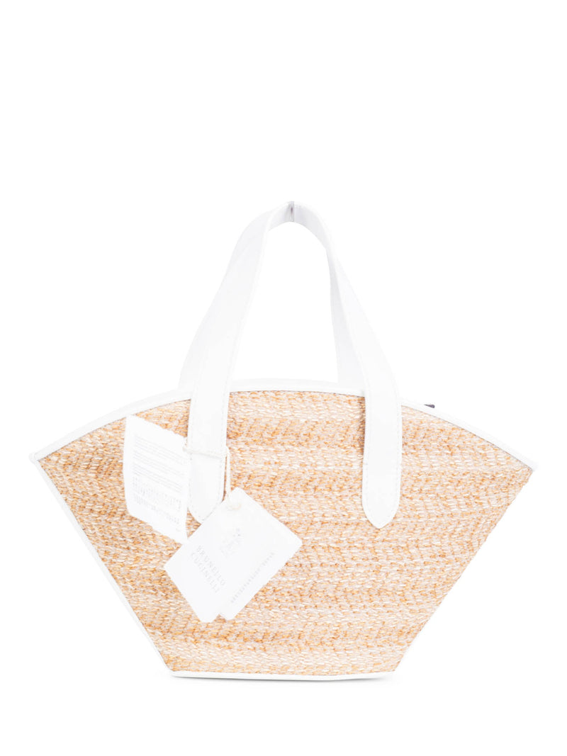 Brunello Cucinelli Logo Raffia Top Handle Mini Bucket Bag White-designer resale