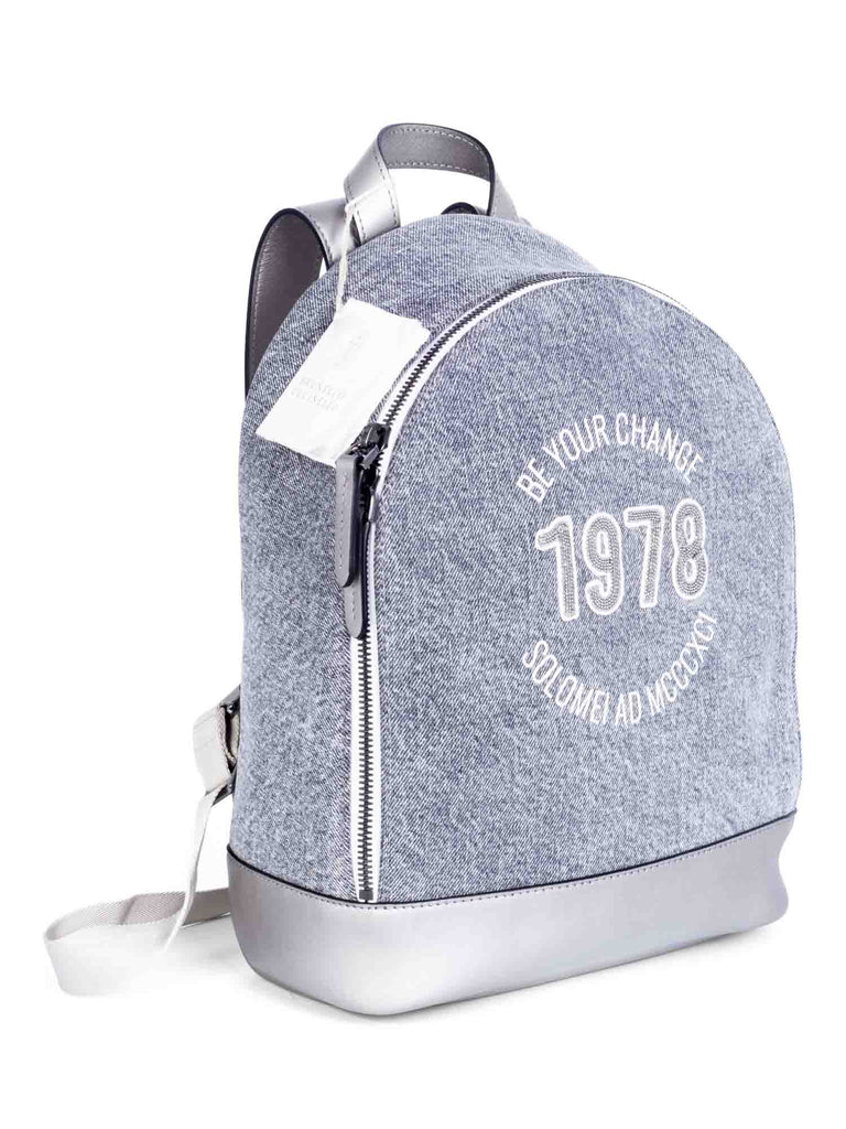Brunello Cucinelli Monili Leather Denim Backpack Heather Gray Silver-designer resale