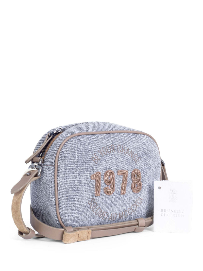 Brunello Cucinelli Monili Leather Denim Messenger Bag Heather Gray Taupe-designer resale