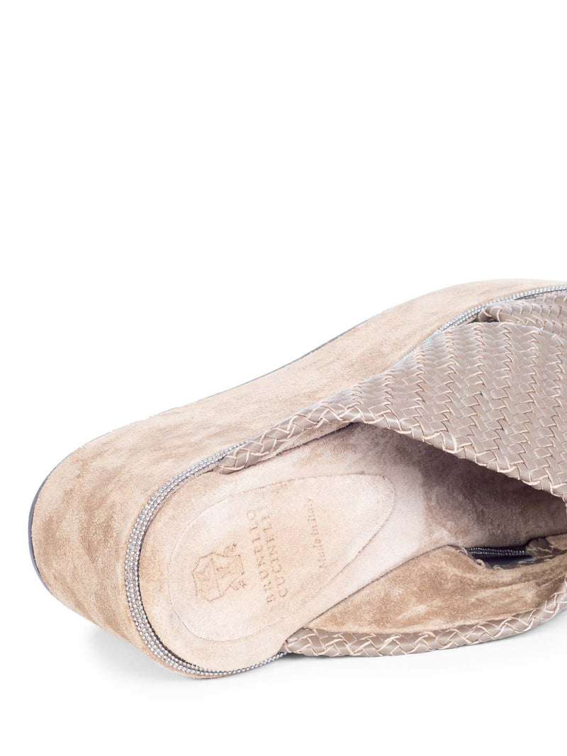 Brunello Cucinelli Suede Woven Leather Monili Platform Wedge Shoes Taupe-designer resale