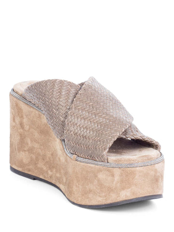 Brunello Cucinelli Suede Woven Leather Monili Platform Wedge Shoes Taupe-designer resale