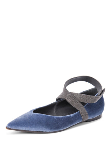 Brunello Cucinelli Velvet Monili Pointy Toe Flat Shoes Blue-designer resale