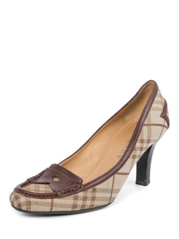 Burberry Heymarket Check Canvas Leather Loafer Heels Brown-designer resale