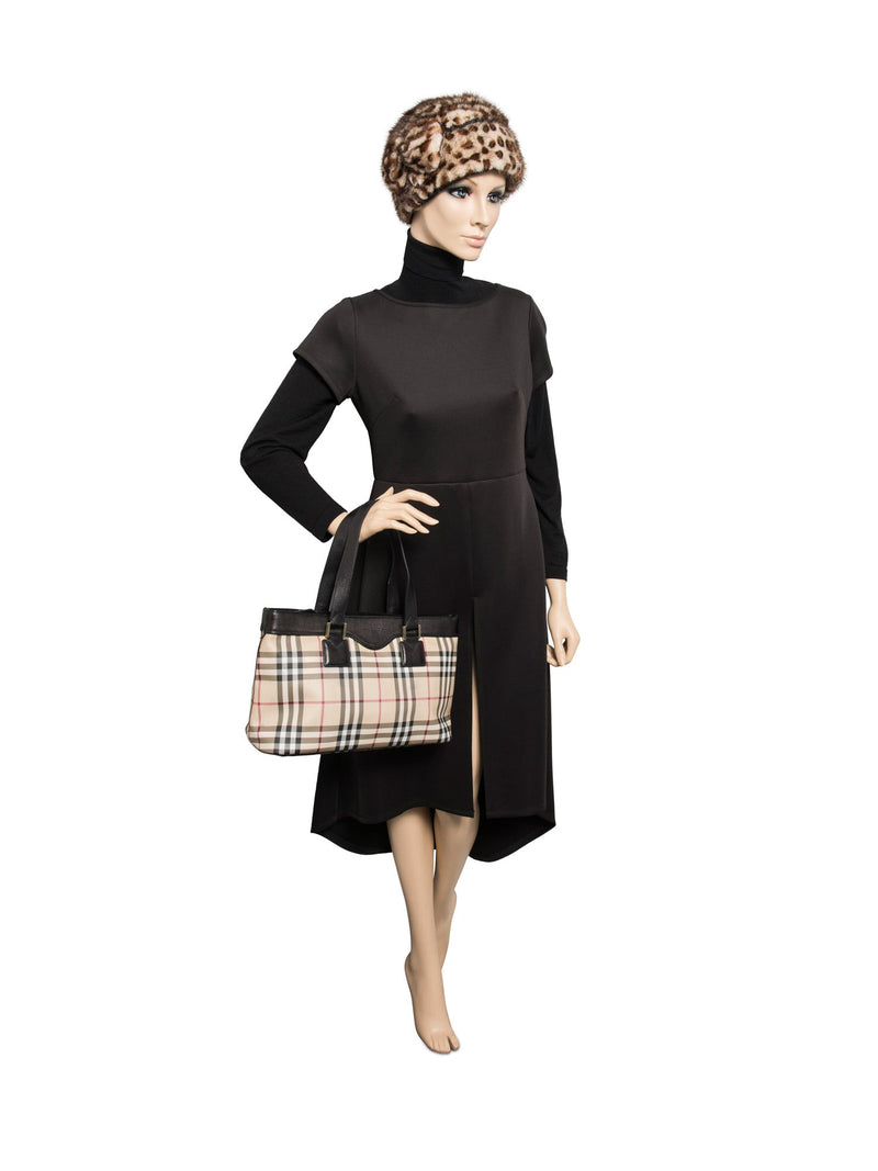 Burberry House Check Leather Top Handle Shopper Bag Beige Black-designer resale