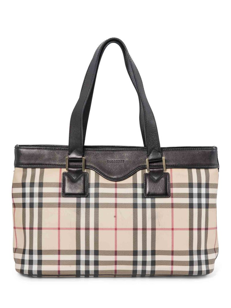 Burberry House Check Leather Top Handle Shopper Bag Beige Black-designer resale
