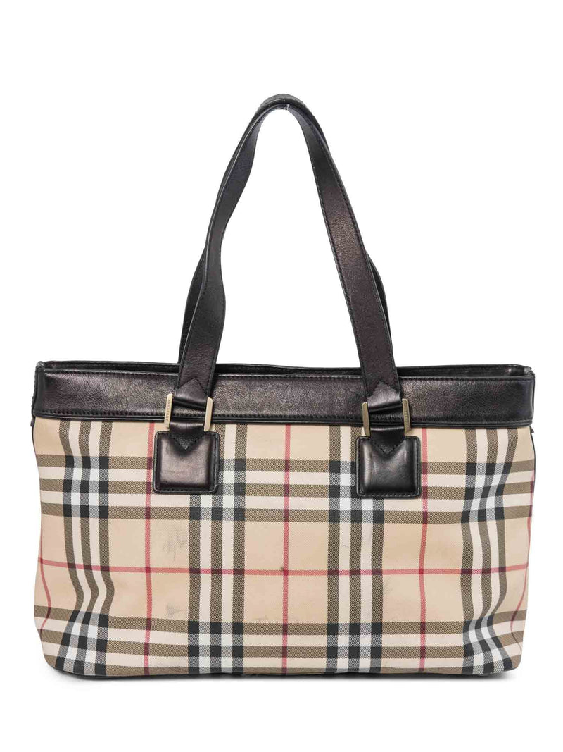 Burberry House Check Leather Top Handle Shopper Bag Beige Black-designer resale
