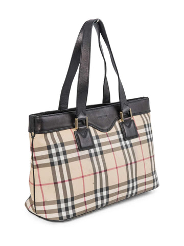 Burberry House Check Leather Top Handle Shopper Bag Beige Black-designer resale