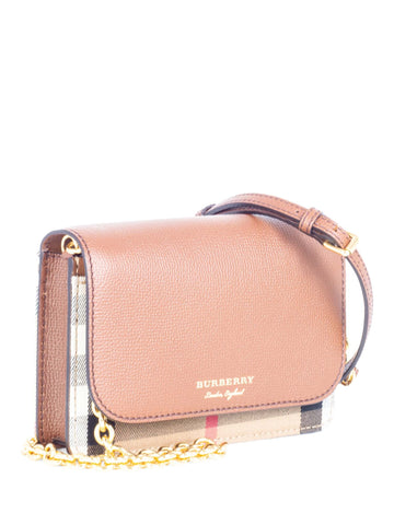 Burberry Leather Hampshire House Check Wallet on Chain Brown Gold-designer resale