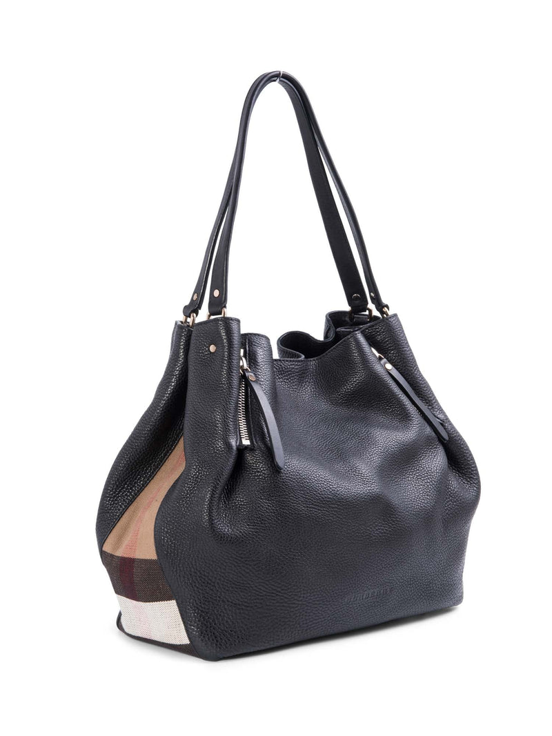 Burberry Leather Nova Check Canvas Shopper Bag Black