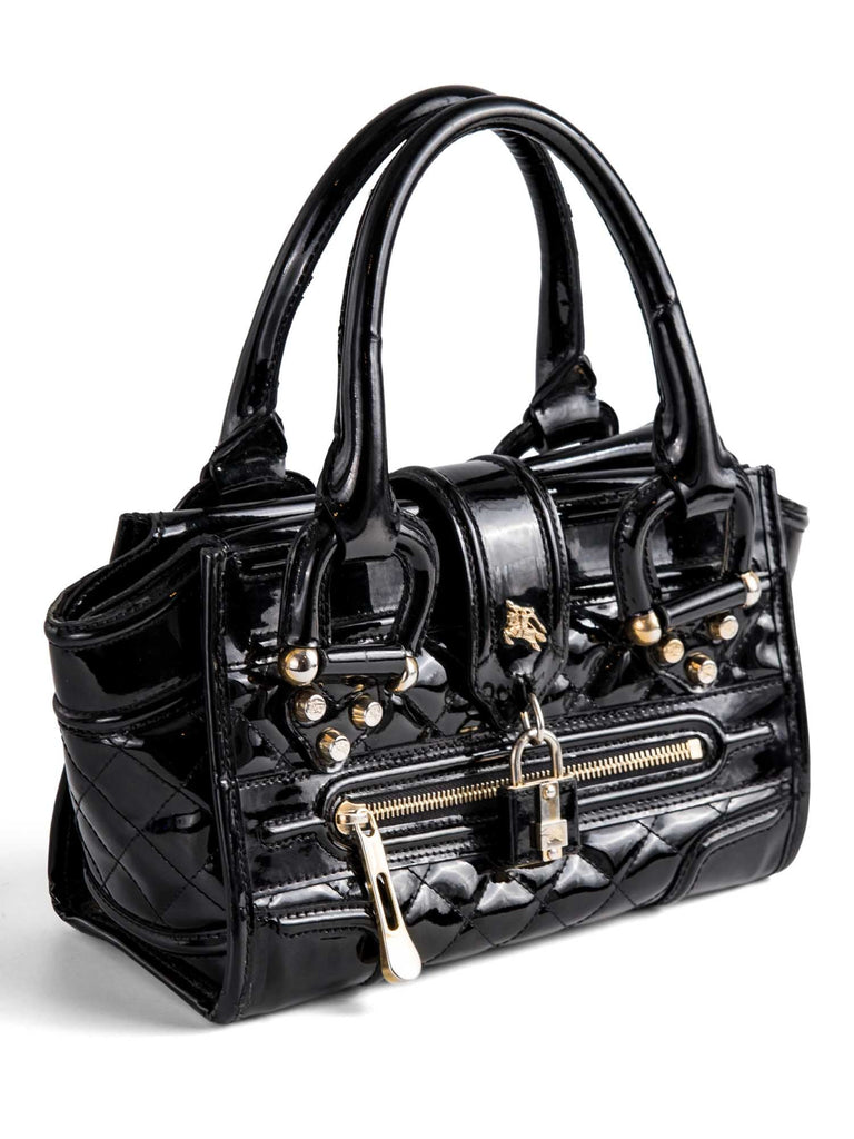 Burberry Logo Quilted Patent Leather Top Handle Bag Black-designer resale