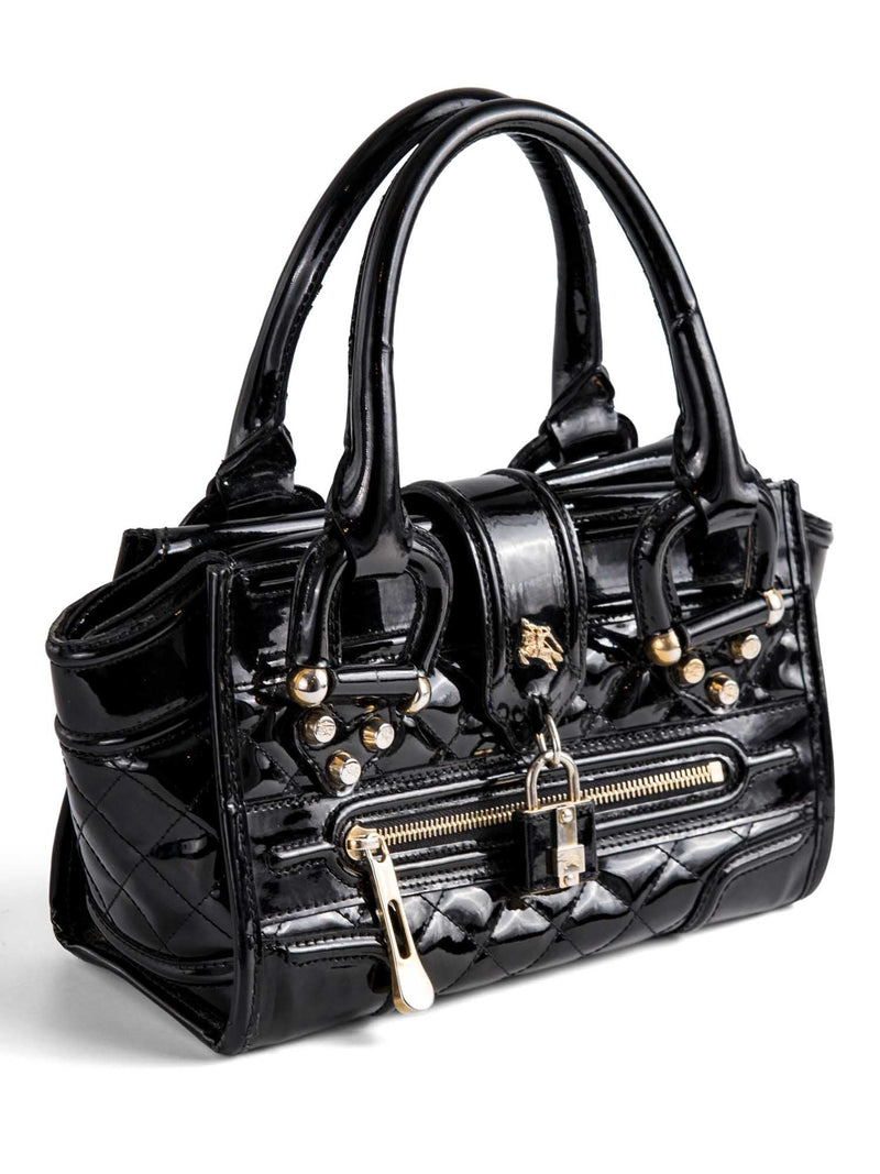 black designer patent leather backpack Burberry Logo Quilted Patent Leather Top Handle Bag Black