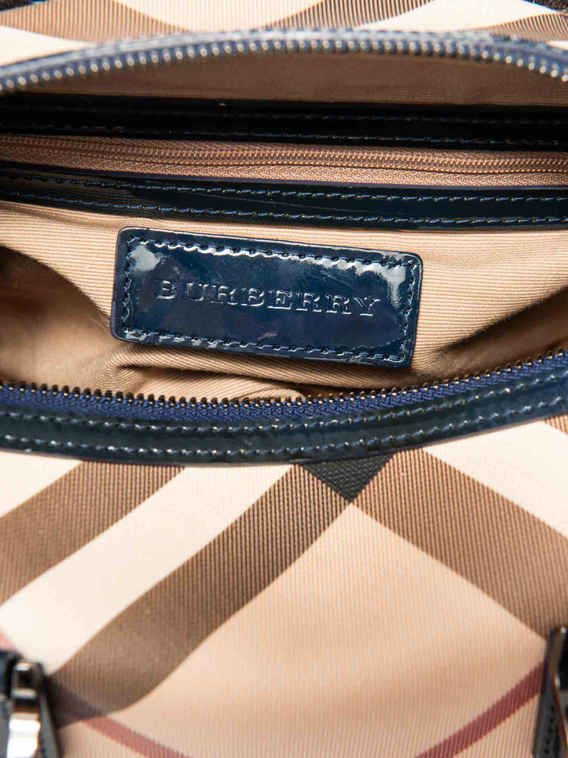 Burberry Nova Check Canvas Leather Boston Bag Beige Navy Blue 25-designer resale