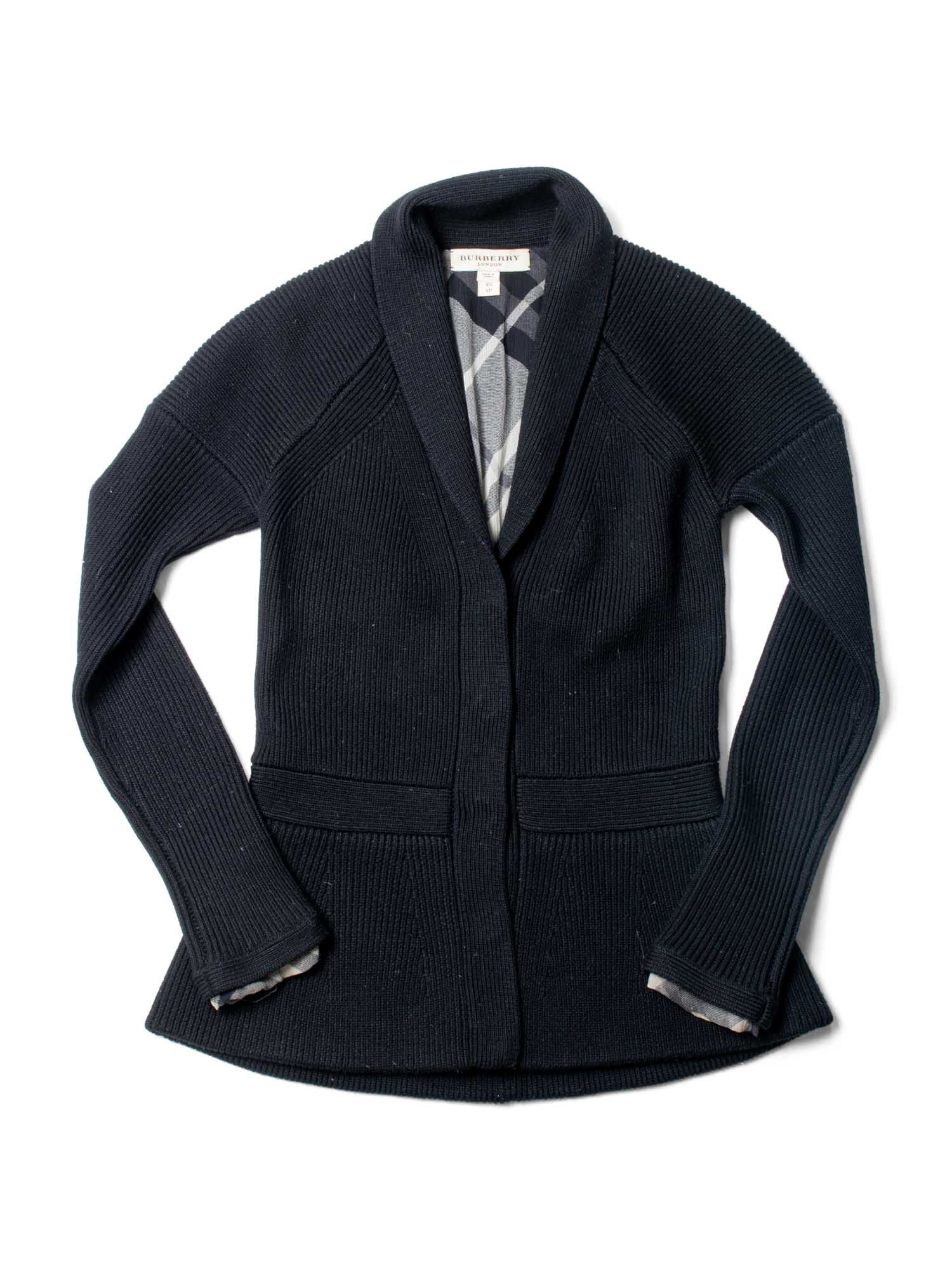 Burberry Nova Check Wool Knit Peplum Cardigan Black-designer resale