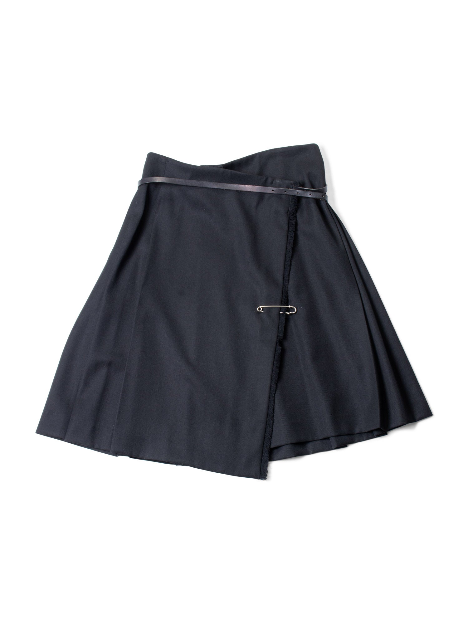 Burberry Wool Belted Pin Pleated Fringe Skirt Black-designer resale