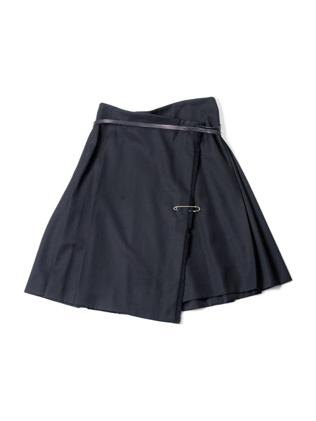 Burberry Wool Belted Pin Pleated Fringe Skirt Black