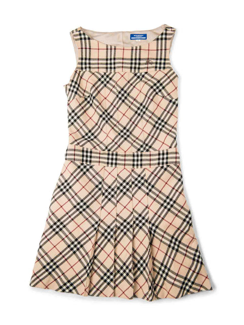 Burberry Wool Logo Nova Check Pleated Mini Dress Beige-designer resale