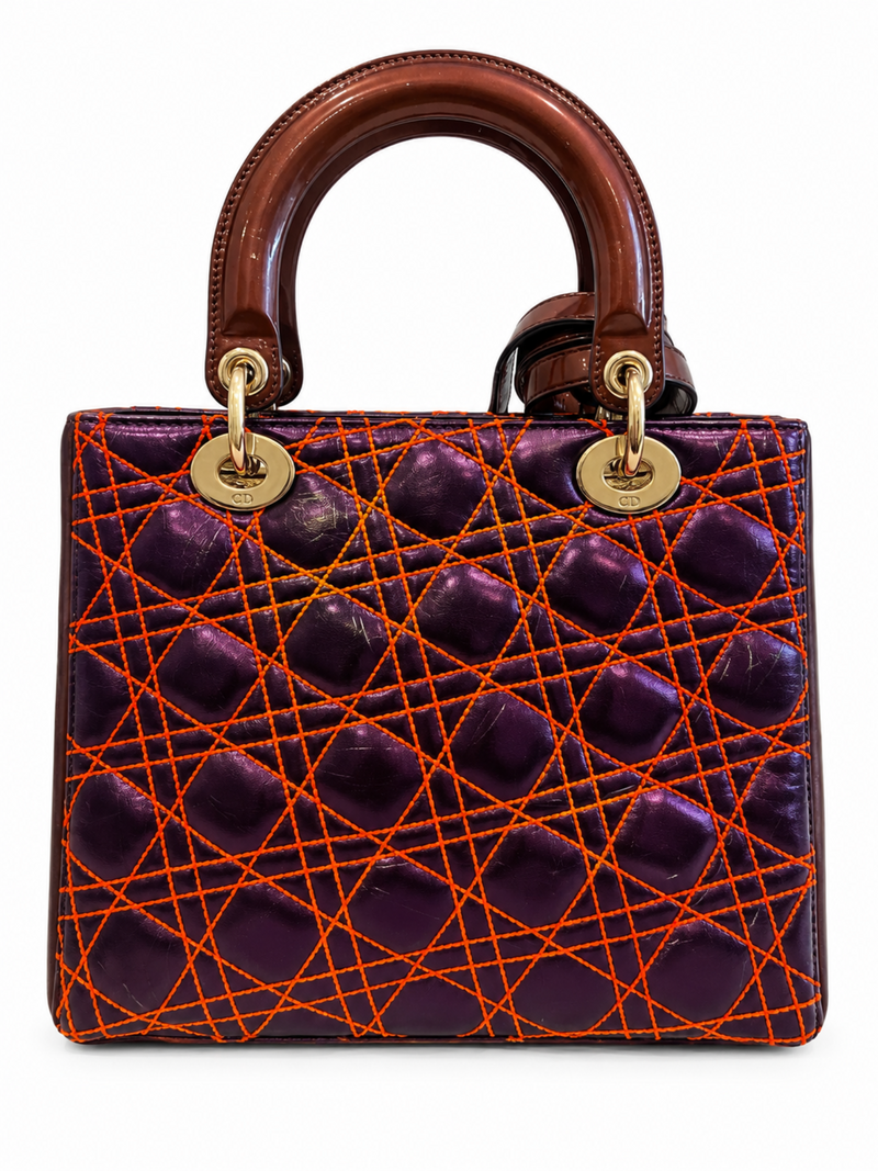 Dior Logo Cannage Leather Lady Dior Top Handle Bag Metallic Purple Orange