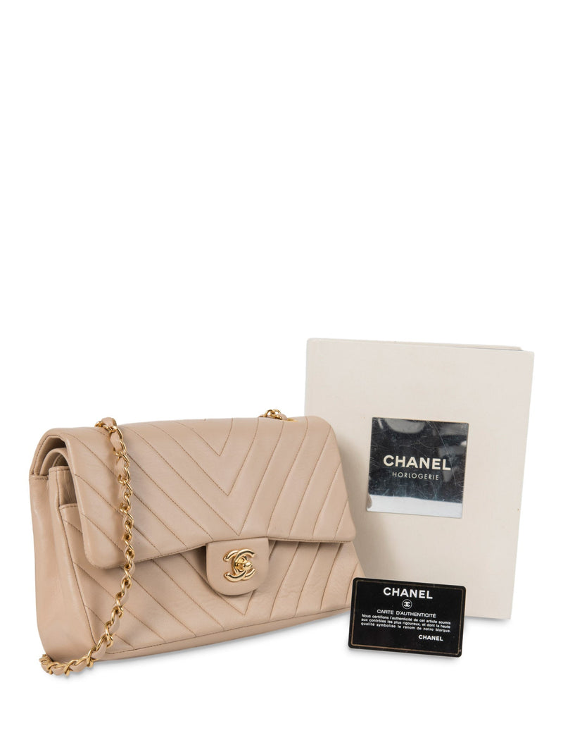 CHANEL 2.55 Chevron Quilted 24K Gold Plated Medium Double Flap Bag Beige