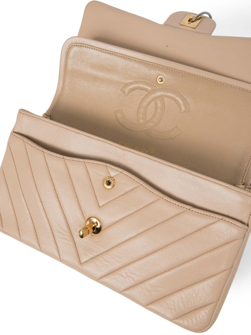CHANEL 2.55 Chevron Quilted 24K Gold Plated Medium Double Flap Bag Beige