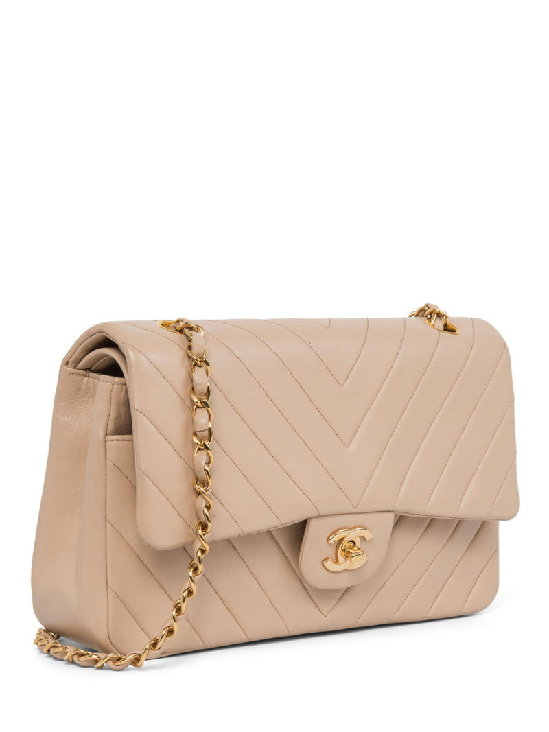 CHANEL 2.55 Chevron Quilted 24K Gold Plated Medium Double Flap Bag Beige