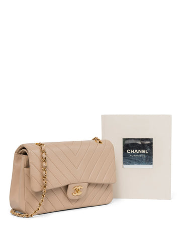 CHANEL 2.55 Chevron Quilted 24K Gold Plated Medium Double Flap Bag Beige-designer resale