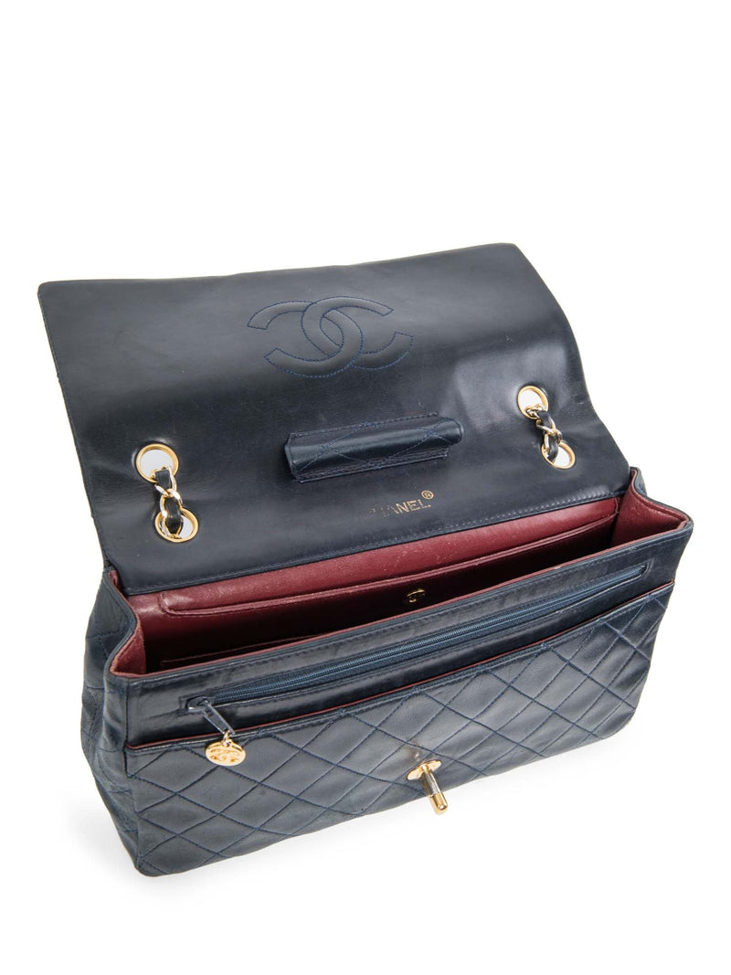 CHANEL 2.55 Quilted 24K Gold Plated Medium Flap Bag Navy Blue