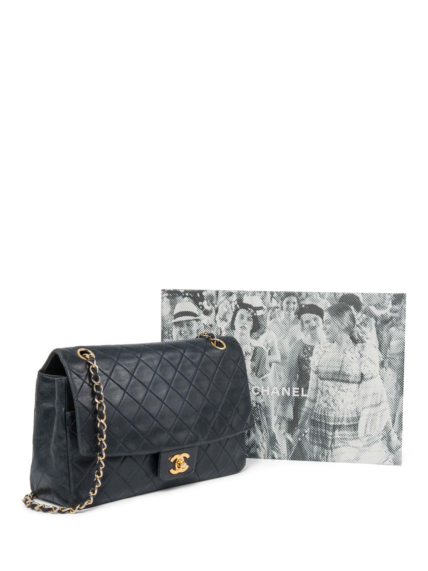 CHANEL 2.55 Quilted 24K Gold Plated Medium Flap Bag Navy Blue