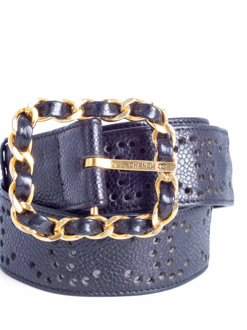 CHANEL CC Logo 24K Gold Chain Caviar Belt Black