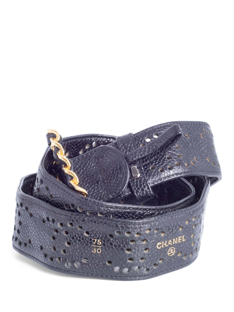 Chanel CC Logo 24K Gold Plated Chain Caviar Perforated Leather Belt Black