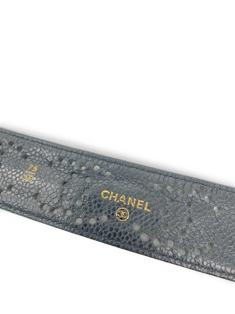 CHANEL CC Logo 24K Gold Plated Chain Caviar Perforated Leather Belt Black-designer resale