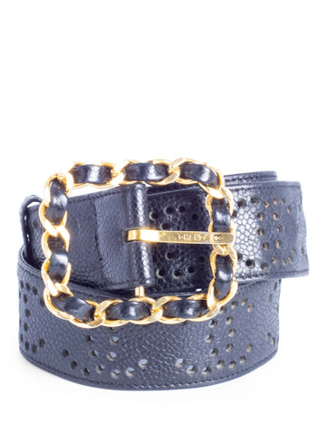 CHANEL CC Logo 24K Gold Plated Chain Caviar Perforated Leather Belt Black-designer resale