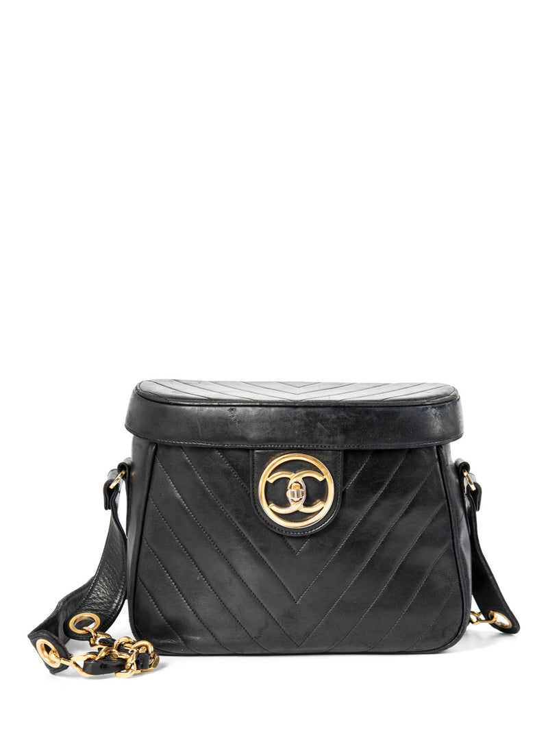 Chanel CC Logo 24K Gold Plated Chevron Quilted Leather Globe Trotter Black